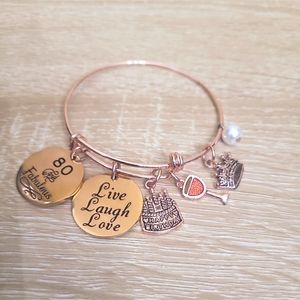 Stainless Rose Gold Bracelet Charm “Live laugh love” 80 & fab Birthday Bangle